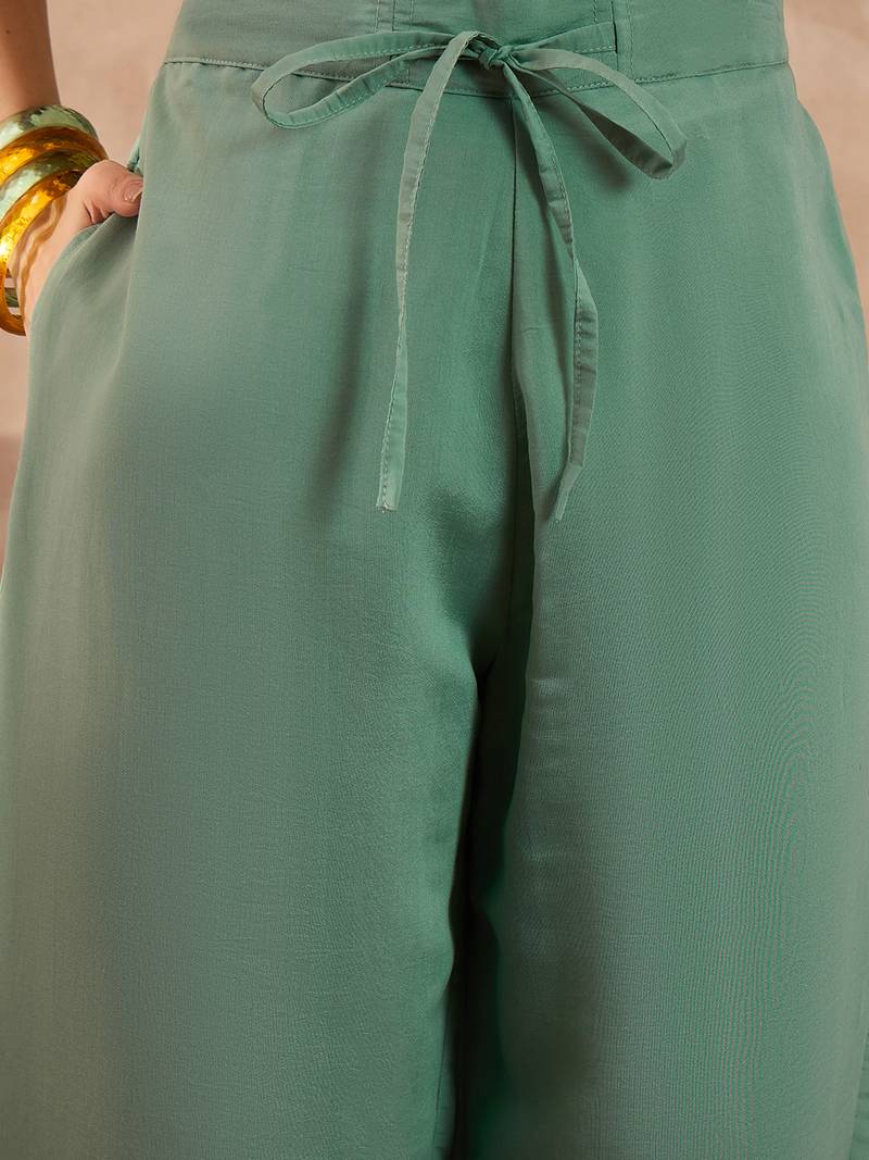 Women blue silk blend embroidered straight coord sets