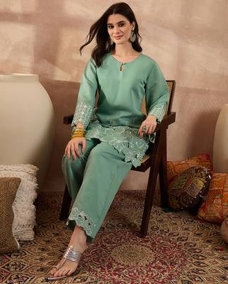 Women blue silk blend embroidered scalloped coord sets 1