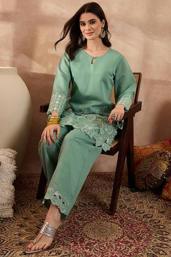 Women blue silk blend embroidered scalloped coord sets