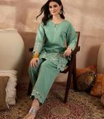 Women blue silk blend embroidered scalloped coord sets