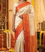 Pastel green and papaya orange koravi semi silk saree