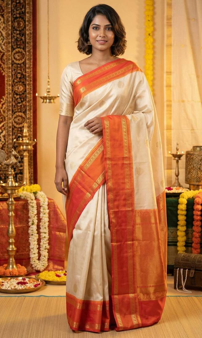 Pastel green and papaya orange koravi semi silk saree