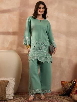 Women blue silk blend embroidered scalloped coord sets 2