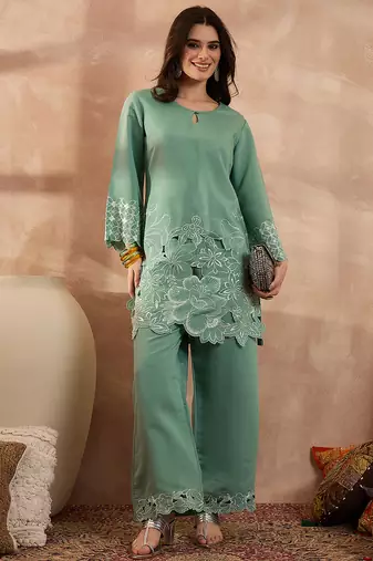 Women blue silk blend embroidered scalloped coord sets