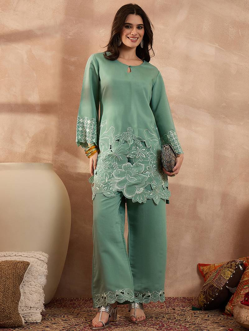 Women blue silk blend embroidered scalloped coord sets