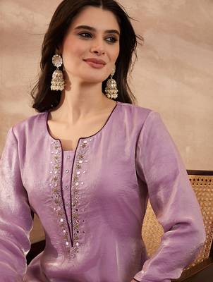 Women beige silk blend embroidered straight coord sets 2