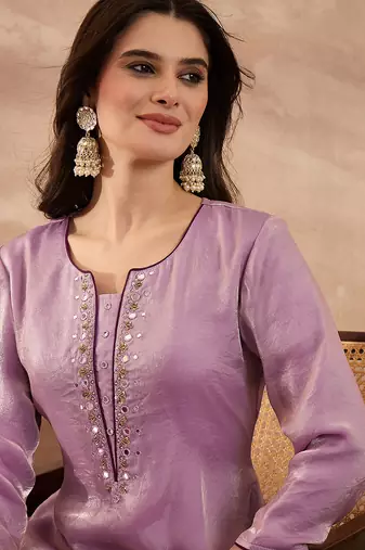 Women beige silk blend embroidered straight coord sets