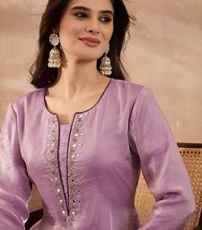 Women beige silk blend embroidered straight coord sets
