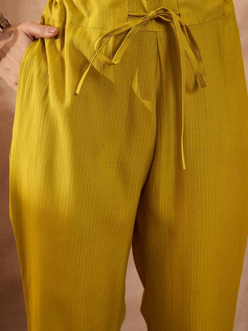 Women yellow polyester floral printed straight kurta trousers with dupatta