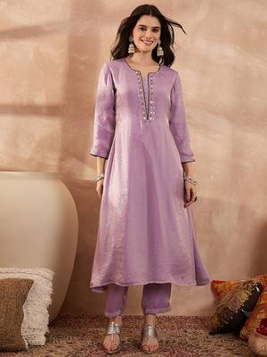 Women beige silk blend embroidered straight coord sets 1