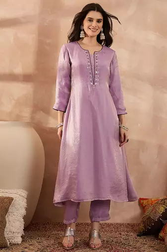 Women beige silk blend embroidered straight coord sets