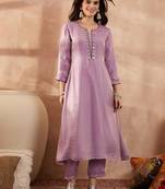 Women beige silk blend embroidered straight coord sets