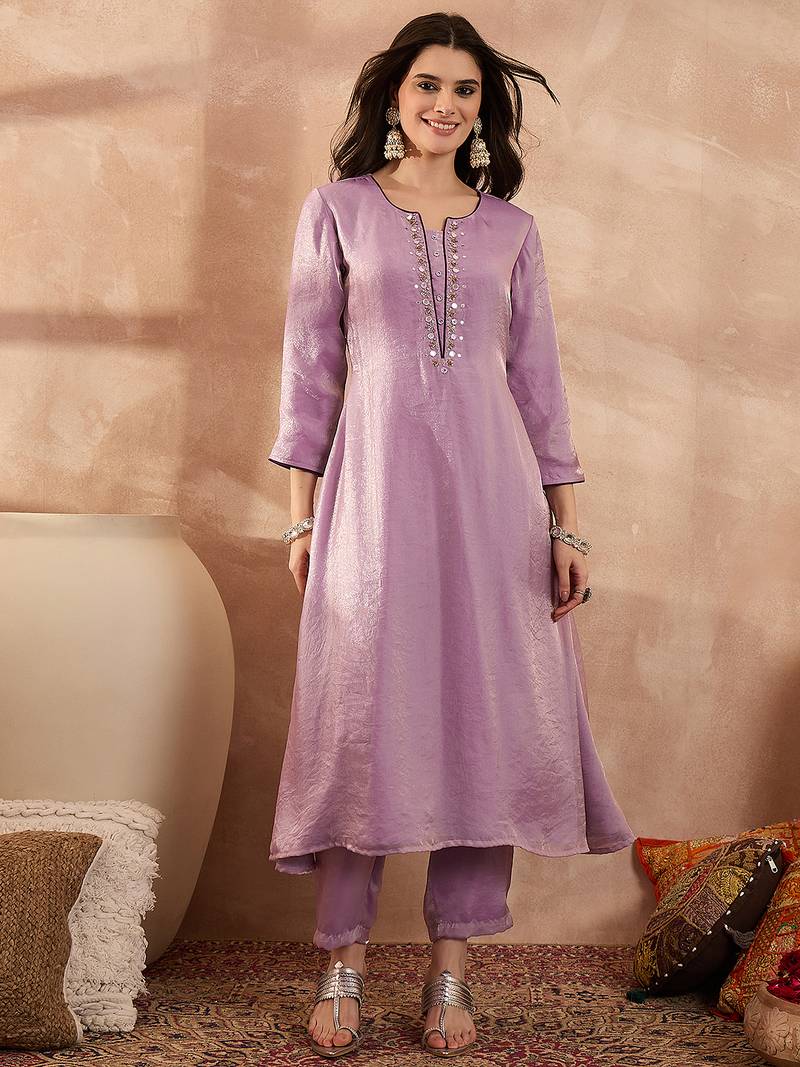 Women beige silk blend embroidered straight coord sets