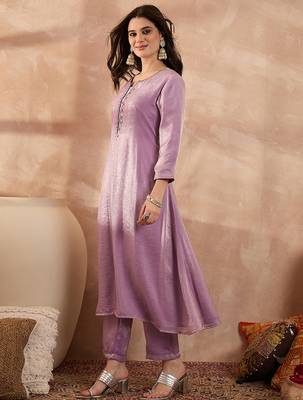 Women beige silk blend embroidered straight coord sets 3