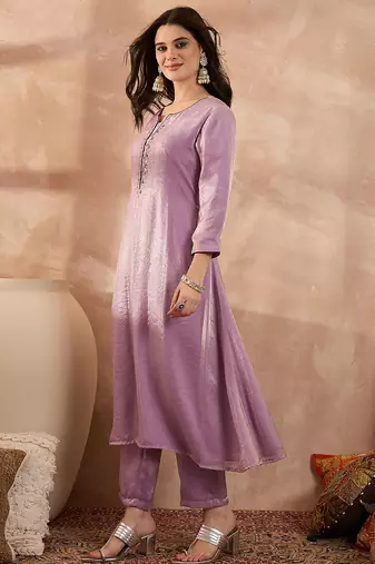 Women beige silk blend embroidered straight coord sets
