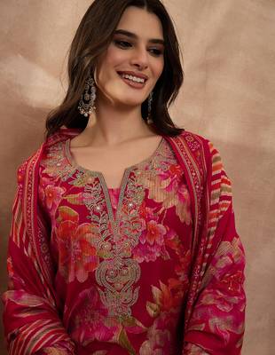 Women pink polyester floral printed straight kurta trousers with dupatta 2