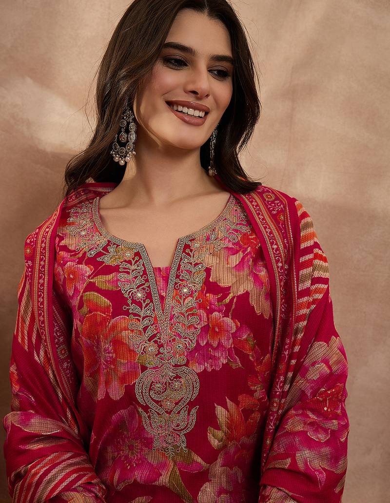Women pink polyester floral printed straight kurta trousers with dupatta
