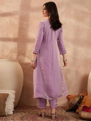 Women beige silk blend embroidered straight coord sets 4