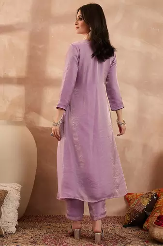 Women beige silk blend embroidered straight coord sets