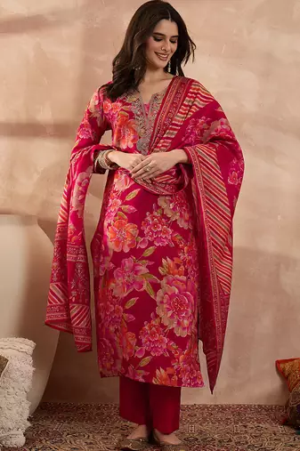 Women pink polyester floral printed straight kurta trousers with dupatta