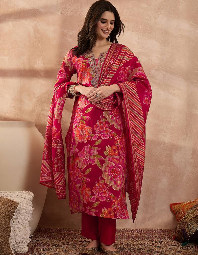 Women pink polyester floral printed straight kurta trousers with dupatta