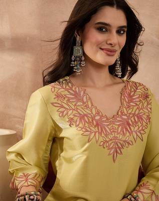 Women yellow silk blend embroidered scalloped coord sets 2