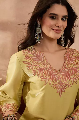 Women yellow silk blend embroidered scalloped coord sets