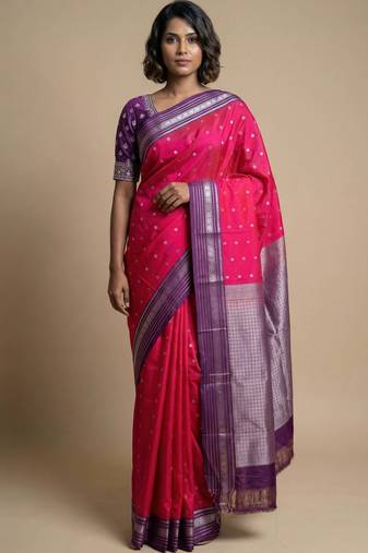 Reddish pink and purple semi silk saree