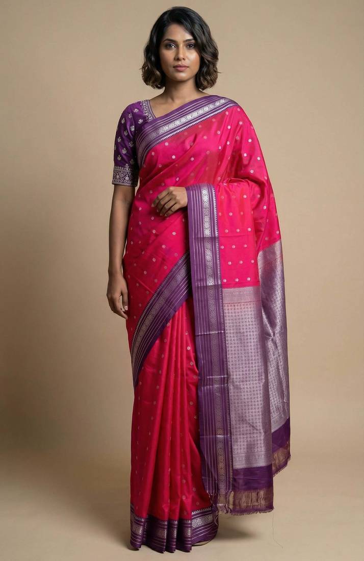 Reddish pink and purple semi silk saree