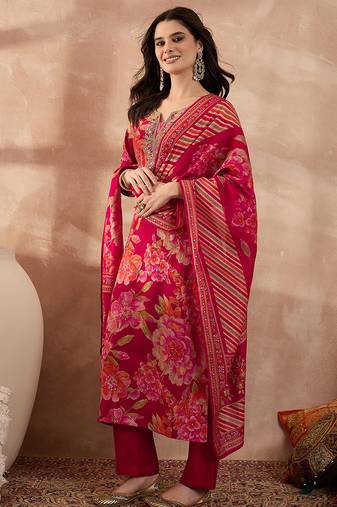 Women pink polyester floral printed straight kurta trousers with dupatta