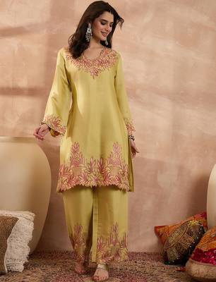 Women yellow silk blend embroidered scalloped coord sets 1