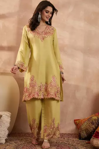 Women yellow silk blend embroidered scalloped coord sets