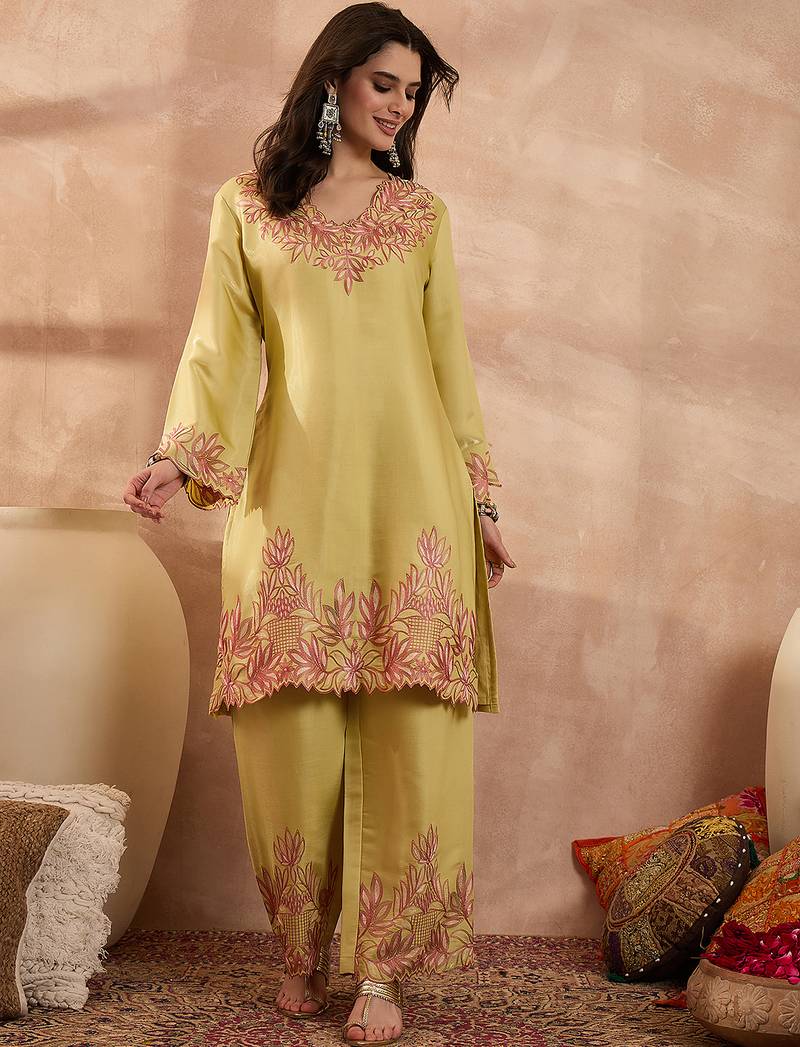 Women yellow silk blend embroidered scalloped coord sets