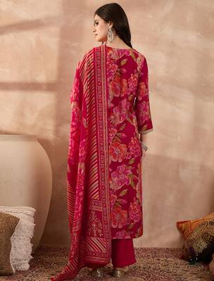 Women pink polyester floral printed straight kurta trousers with dupatta 4