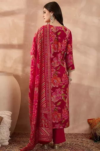 Women pink polyester floral printed straight kurta trousers with dupatta