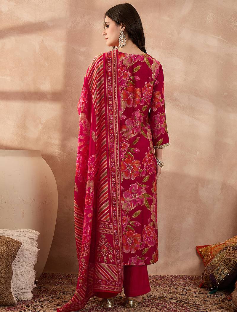 Women pink polyester floral printed straight kurta trousers with dupatta