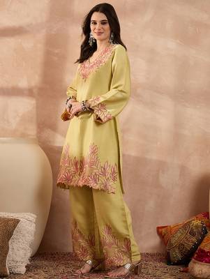 Women yellow silk blend embroidered scalloped coord sets 3