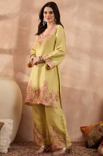 Women yellow silk blend embroidered scalloped coord sets