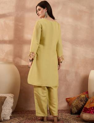 Women yellow silk blend embroidered scalloped coord sets 4