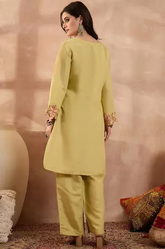 Women yellow silk blend embroidered scalloped coord sets