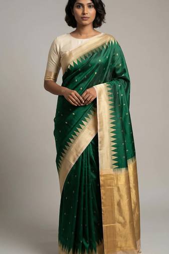Forest green and beige temple border soft silk saree