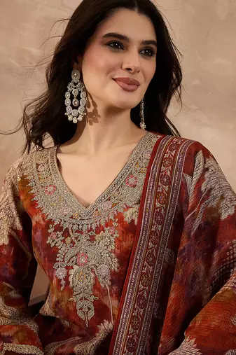 Women brown polyester floral printed straight kurta trousers with dupatta