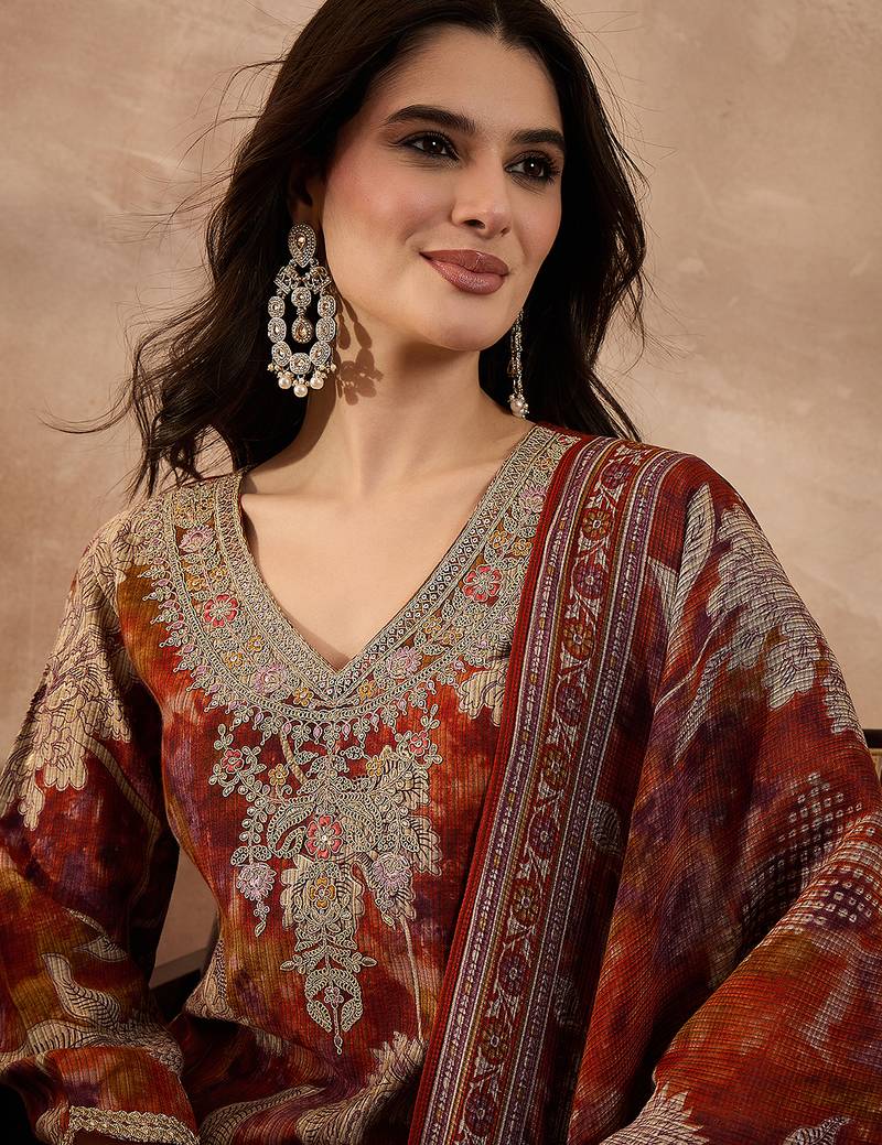 Women brown polyester floral printed straight kurta trousers with dupatta