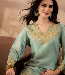 Women blue silk blend embroidered scalloped coord sets