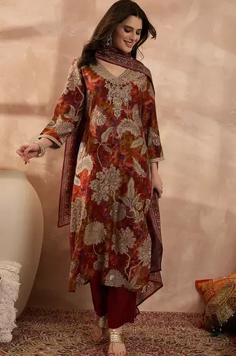 Women brown polyester floral printed straight kurta trousers with dupatta