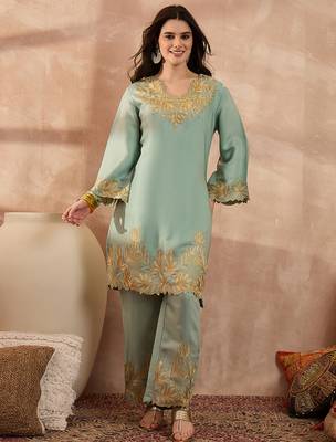 Women blue silk blend embroidered scalloped coord sets 1