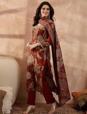 Women brown polyester floral printed straight kurta trousers with dupatta 3