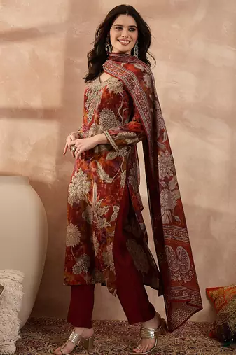 Women brown polyester floral printed straight kurta trousers with dupatta