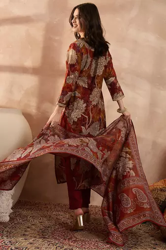 Women brown polyester floral printed straight kurta trousers with dupatta