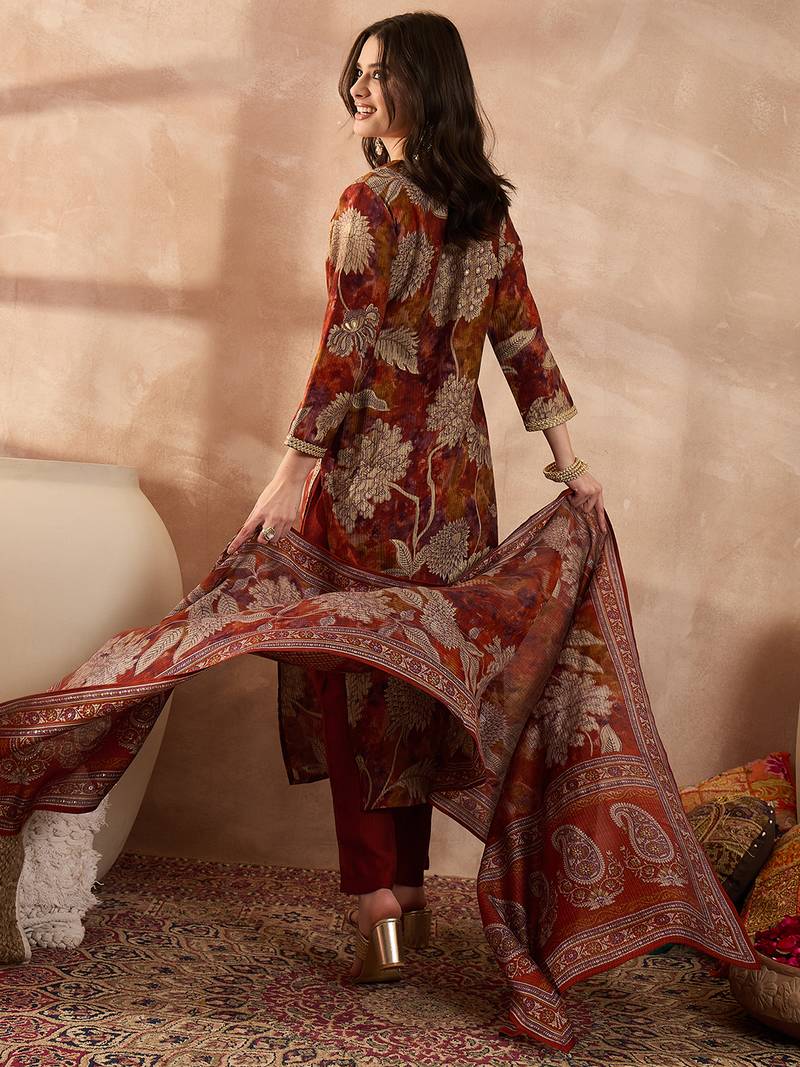 Women brown polyester floral printed straight kurta trousers with dupatta